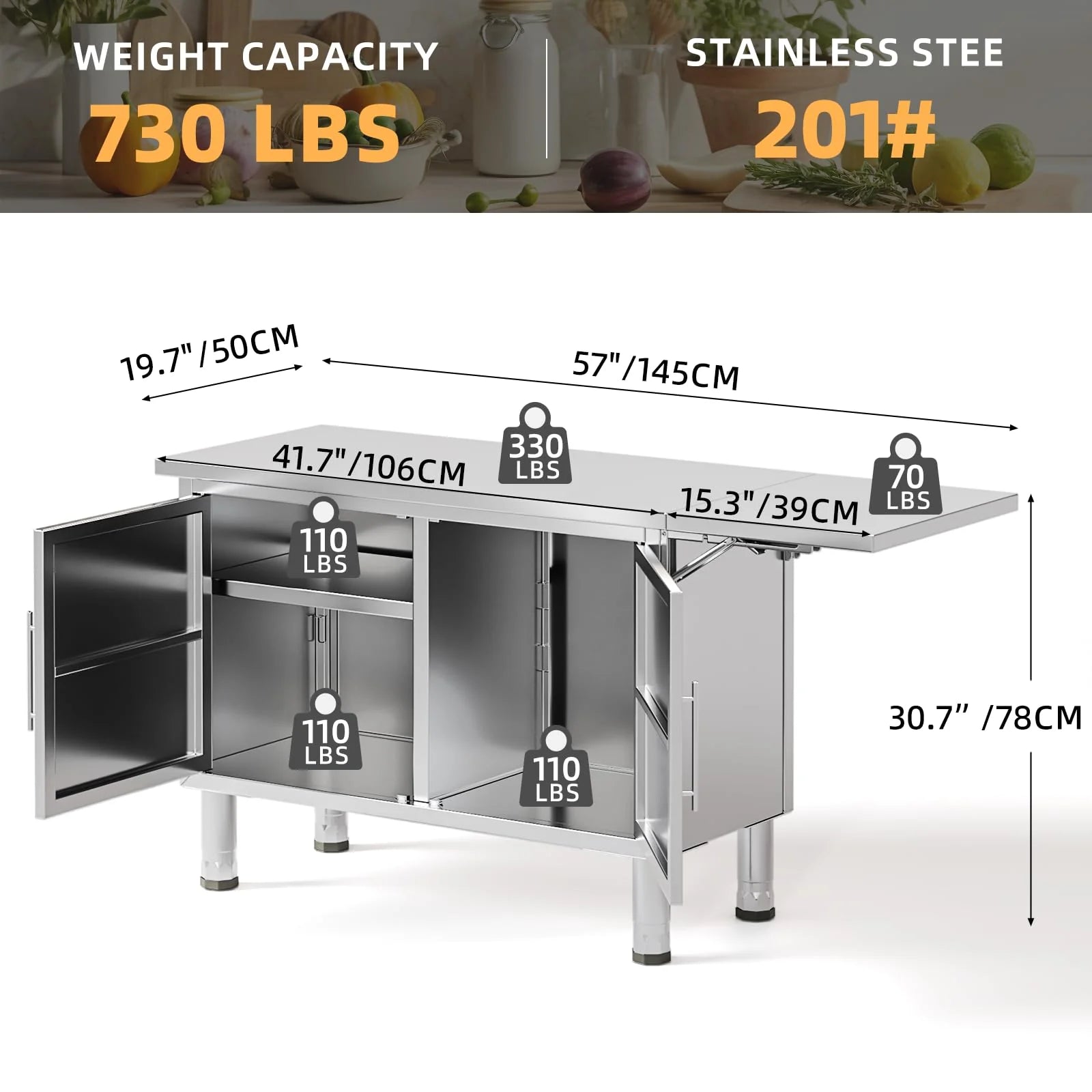 AECOJOY Stainless Steel Kitchen Cabinets, 57"x19.7" Commercial Worktable with Extend Panel & Adjustable - Product image 3