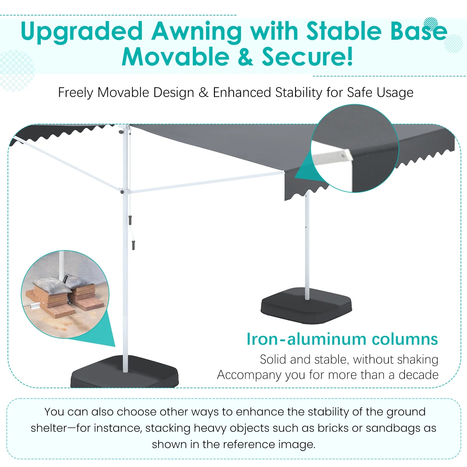 AECOJOY Free Standing Retractable Awning, 13'x10' Dual Side Patio Awnings Outdoor Manual Sun Shade - Product image 16