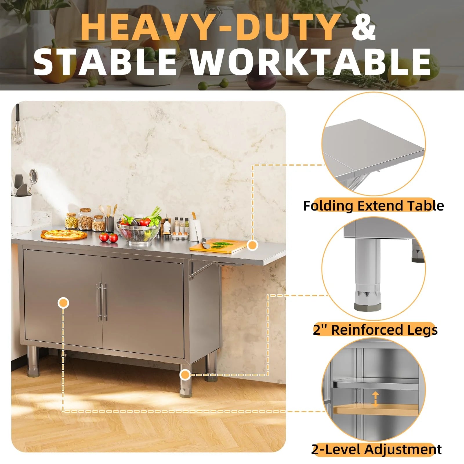 AECOJOY Stainless Steel Kitchen Cabinets, 57"x19.7" Commercial Worktable with Extend Panel & Adjustable - Product image 4