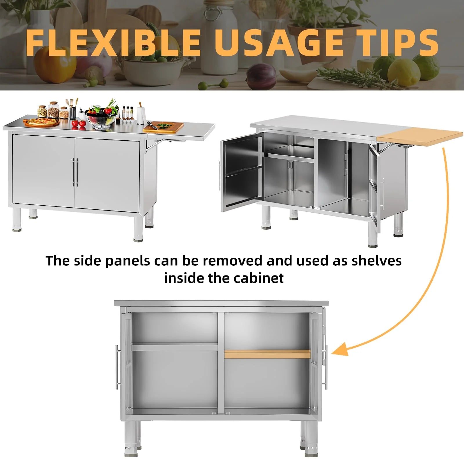 AECOJOY Stainless Steel Kitchen Cabinets, 57"x19.7" Commercial Worktable with Extend Panel & Adjustable - Product image 5
