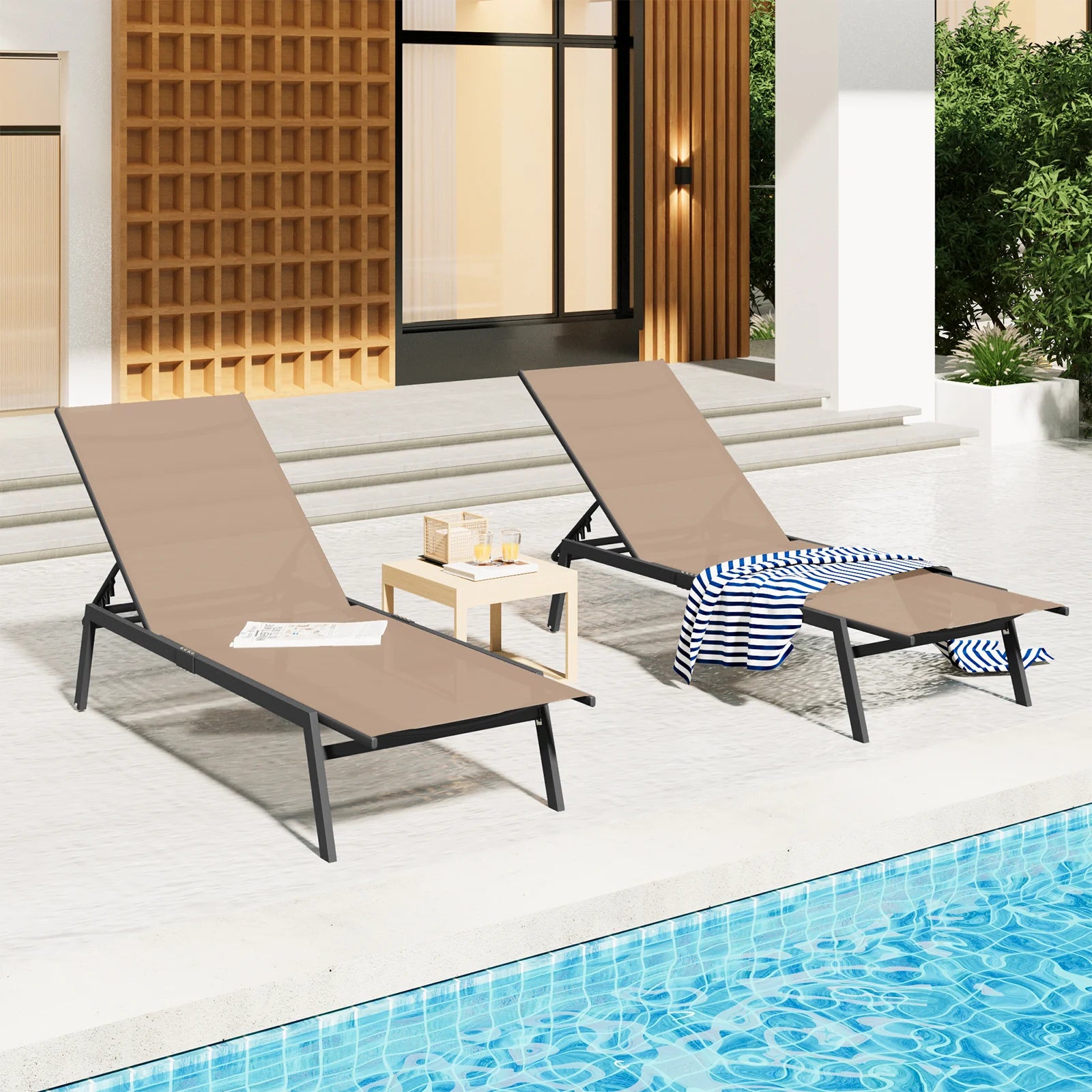 AECOJOY Patio Lounge Chairs, Outdoor Chaise Lounge with Wheels, Beige, 2PCS - Product image 2