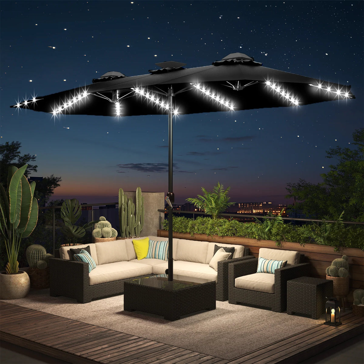 AECOJOY 15ft Patio Double-Sided Umbrella, 156 PCS Solar LED Light Outdoor Large Umbrella, Black - Product image 2