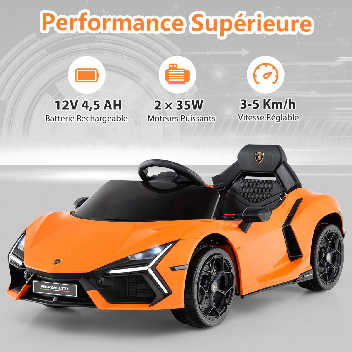 12V Electric Car for Children Licensed by Revuelto Remote Control Hydraulic Doors for 37-95 Months Grey/Orange -
