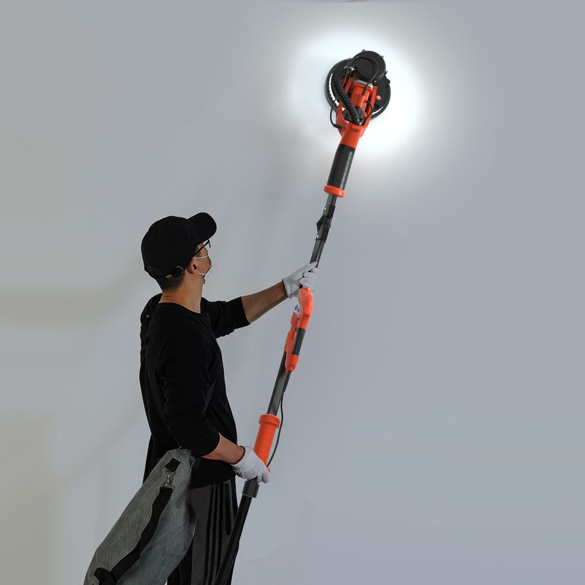 Wall-mounted plaster sander 750W Ø 225mm Aluminum 6 Variable Speeds LED Lights Telescopic Handle 12 Abrasive Discs -