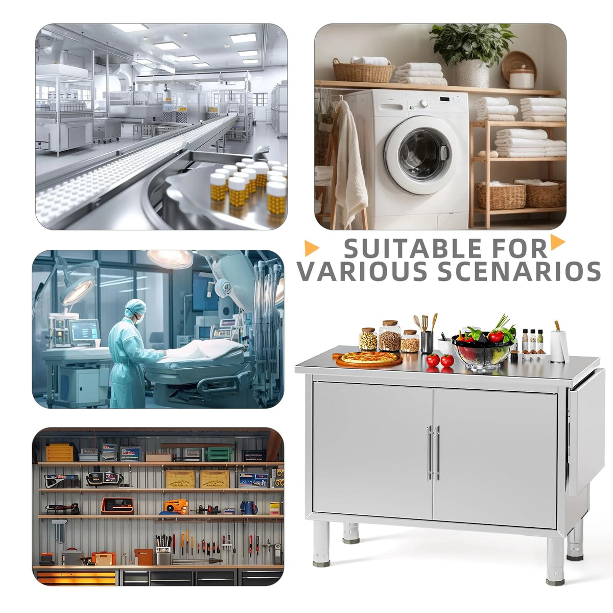 AECOJOY Stainless Steel Kitchen Cabinets, 57"x19.7" Commercial Worktable with Extend Panel & Adjustable - Product image 7