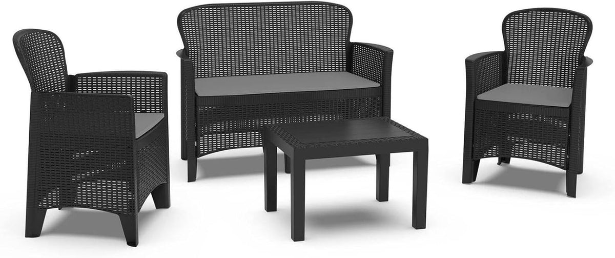 Dmora - Ostuni outdoor lounge set, Garden lounge set consisting of 2 armchairs, 1 sofa and 1 coffee table, rattan effect lounge with cushions, 100% Made in Italy, Anthracite