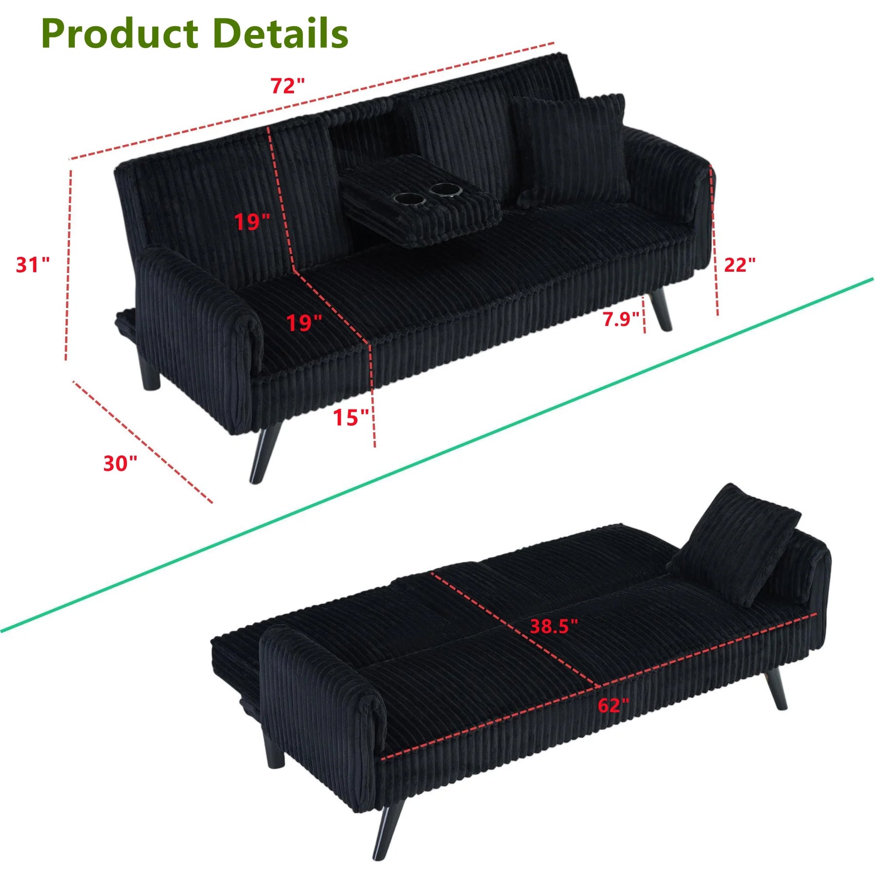 Aukfa 75" Square Arm Futon Convertible Sofa Bed for Home Office, 2 Cup Holders, Linen, Dark Gray - Product image 73