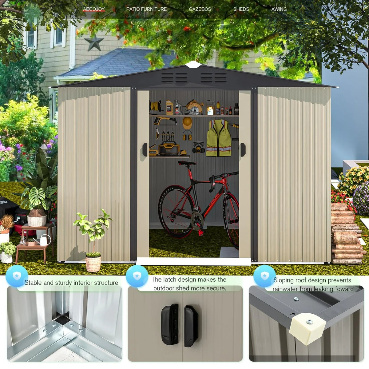 AECOJOY 8x6 Ft Outdoor Storage Tool Shed, Gray - Product image 6