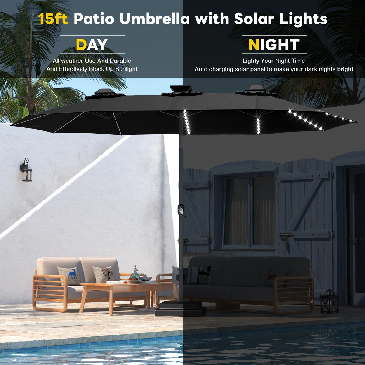 AECOJOY 15ft Patio Double-Sided Umbrella, 156 PCS Solar LED Light Outdoor Large Umbrella, Black - Product image 7