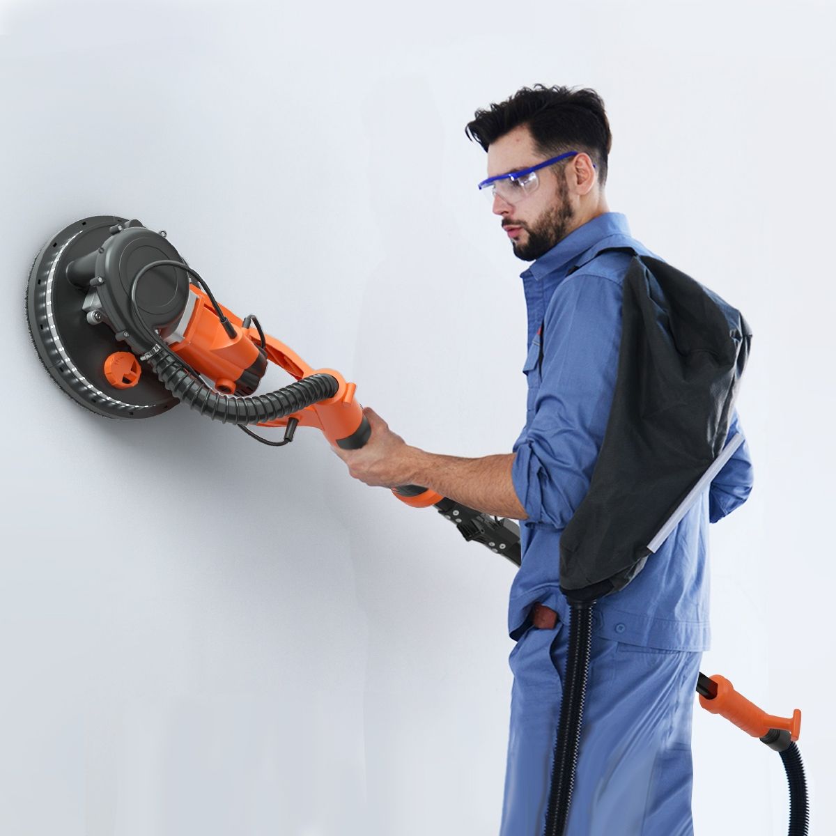 Wall-mounted plaster sander 750W Ø 225mm Aluminum 6 Variable Speeds LED Lights Telescopic Handle 12 Abrasive Discs -