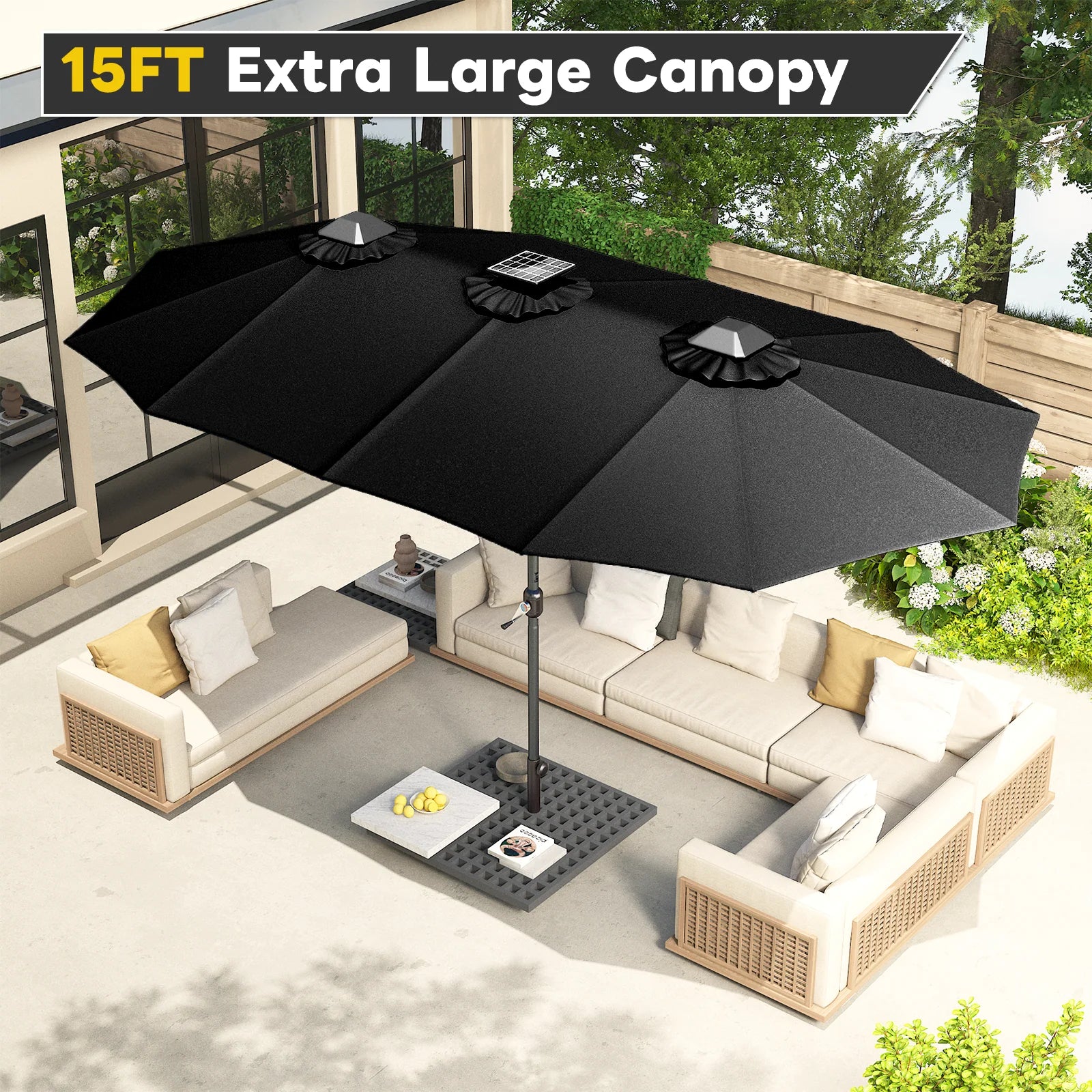 AECOJOY 15ft Patio Double-Sided Umbrella, 156 PCS Solar LED Light Outdoor Large Umbrella, Black - Product image 6