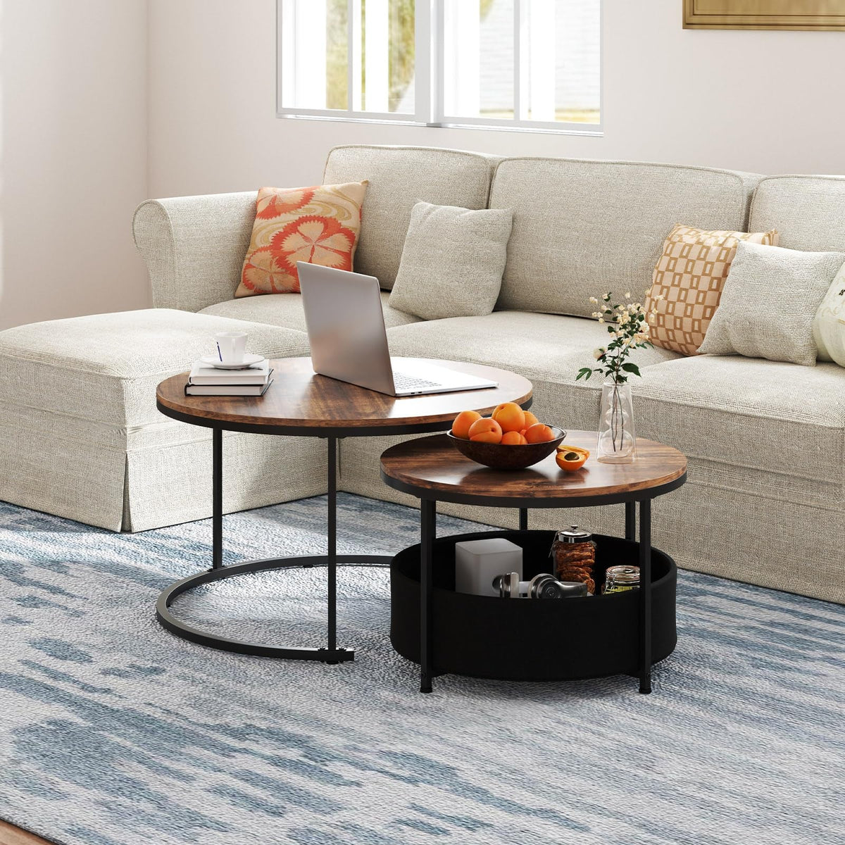 Tangkula Round Nesting Coffee Table Set of 2 with Fabric Storage Basket & Metal Frame