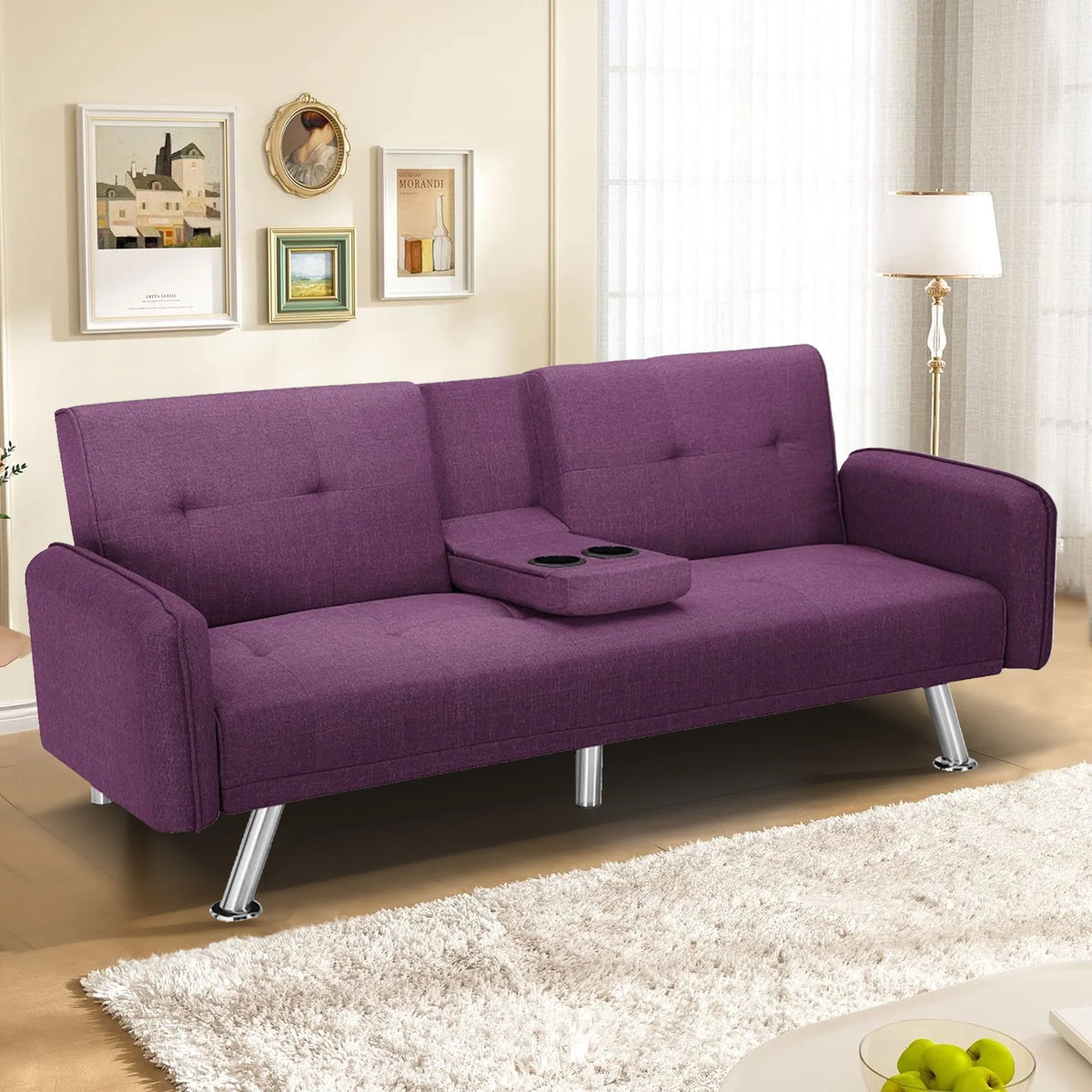 Aukfa 75" Square Arm Futon Convertible Sofa Bed for Home Office, 2 Cup Holders, Linen, Dark Gray - Product image 53