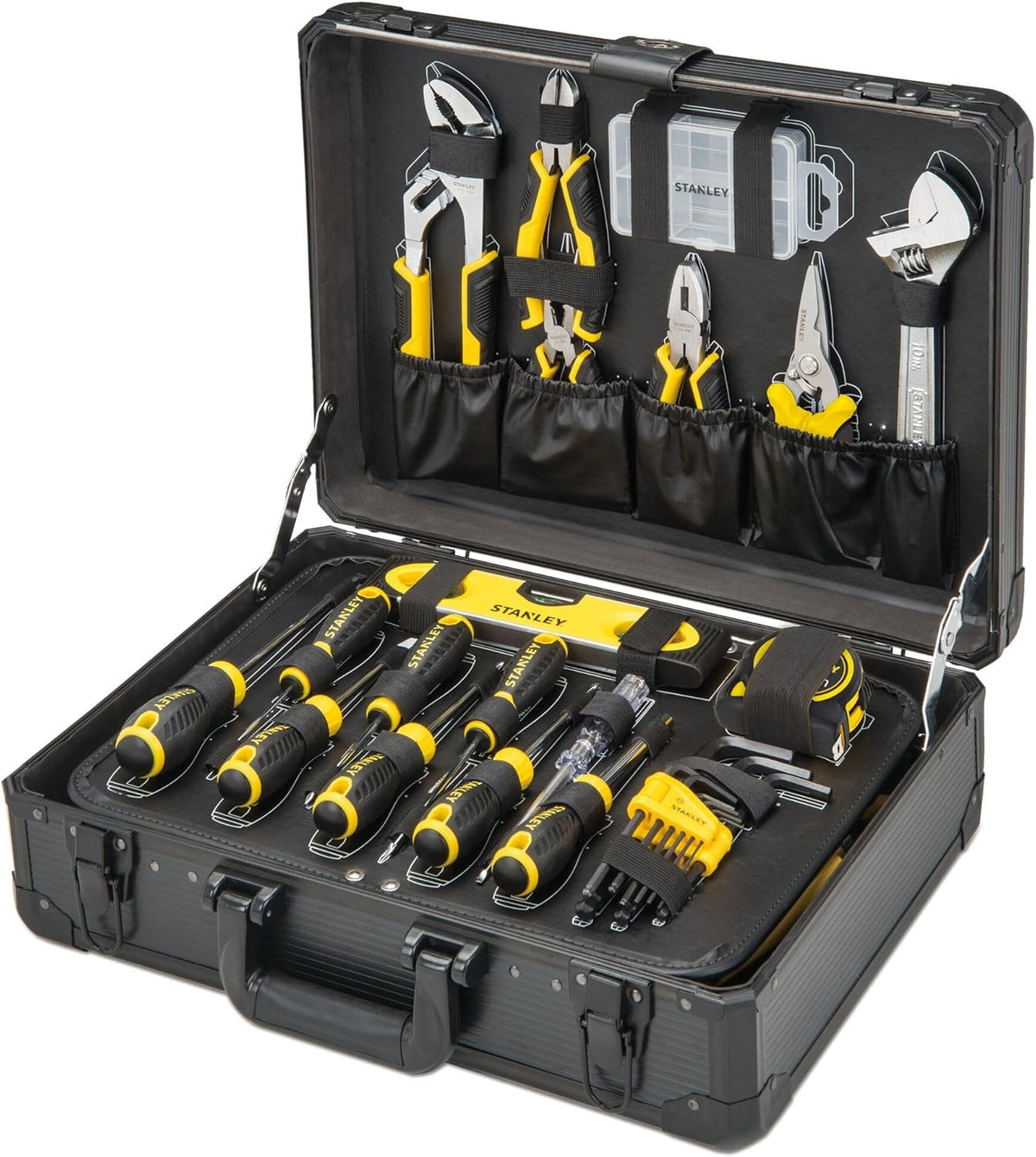 STANLEY Maintenance Case 142 Pieces - Pliers and Cutters, Adjustable Wrench, Level, Measuring, Screwdriver, Hacksaw, Cutter, Hammer, Tools for Tightening-Screwing STMT98109-1