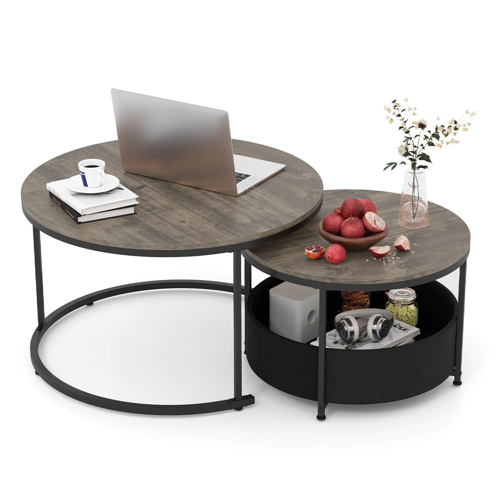 Tangkula Round Nesting Coffee Table Set of 2 with Fabric Storage Basket & Metal Frame