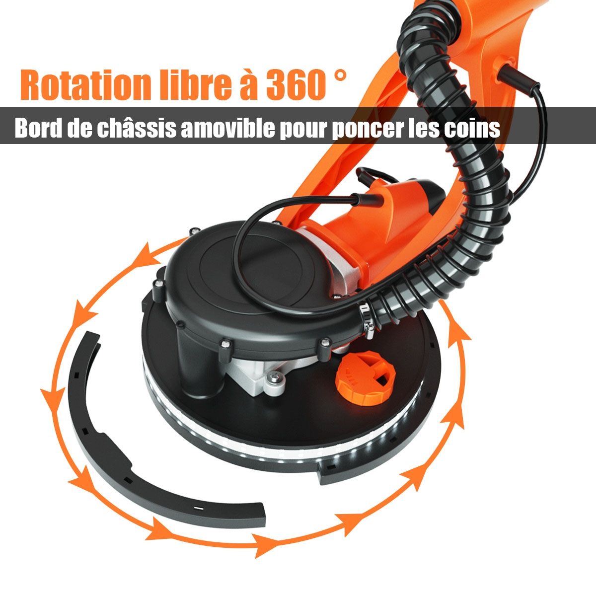 Wall-mounted plaster sander 750W Ø 225mm Aluminum 6 Variable Speeds LED Lights Telescopic Handle 12 Abrasive Discs -