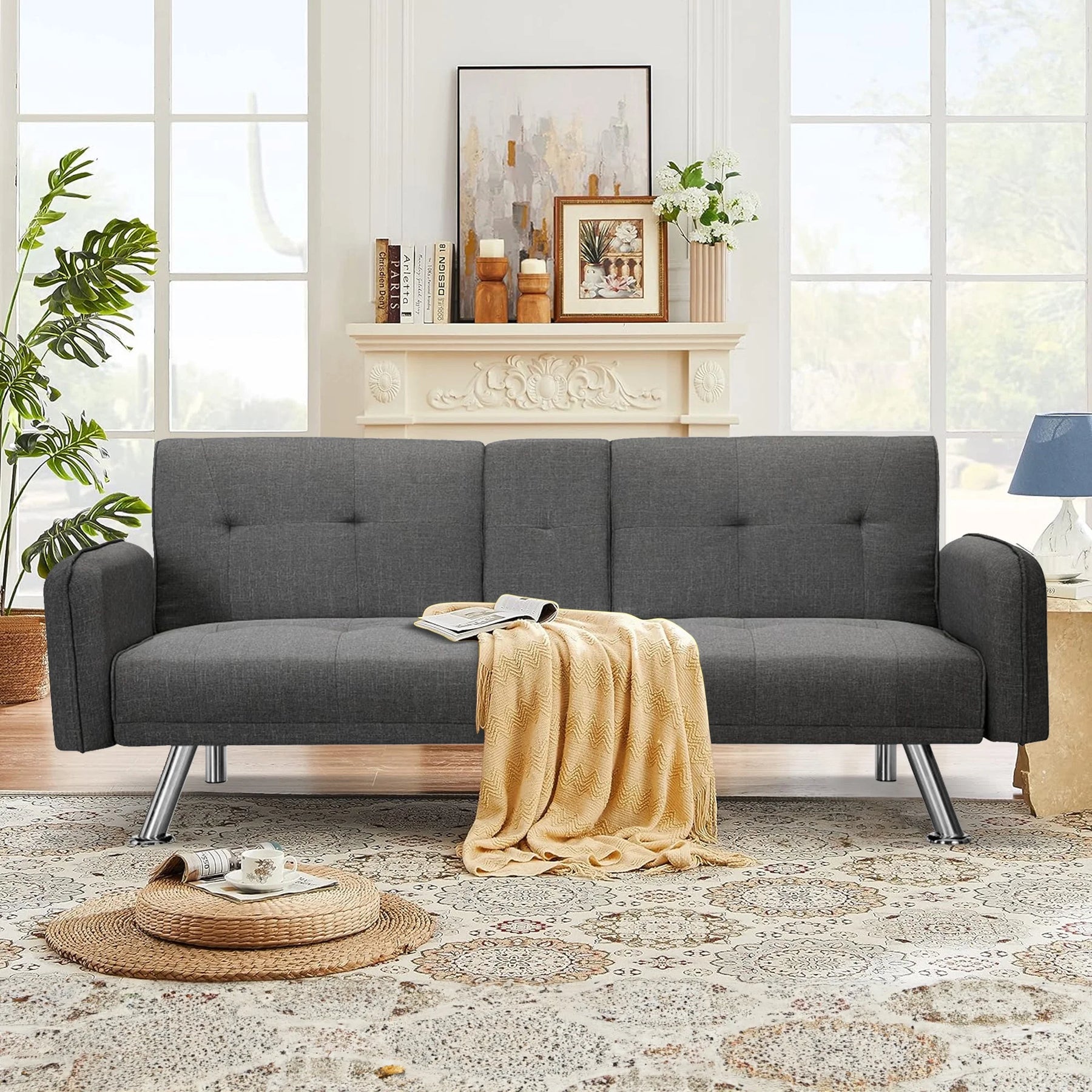 Aukfa 75" Square Arm Futon Convertible Sofa Bed for Home Office, 2 Cup Holders, Linen, Dark Gray - Product image 10