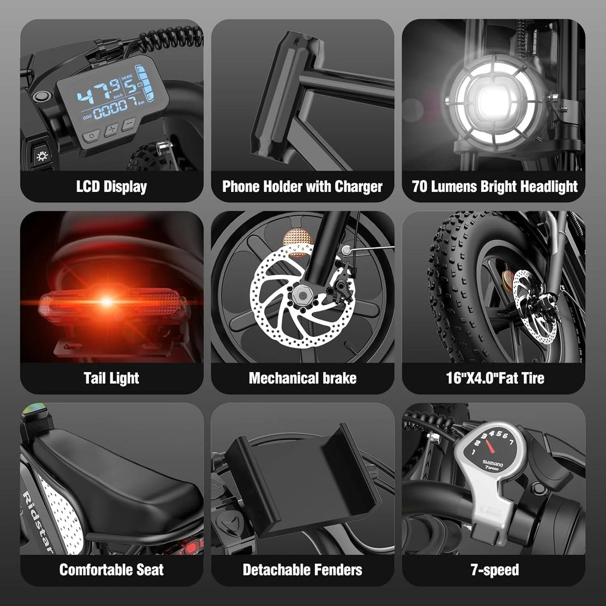 Ridstar Electric Biycle for Adults, 1200W 32MPH, 48V 20AH Electric Dirt Bike - Product image 20