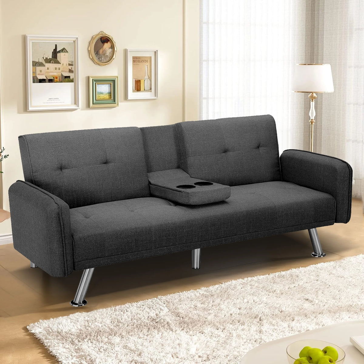 Aukfa 75" Square Arm Futon Convertible Sofa Bed for Home Office, 2 Cup Holders, Linen, Dark Gray - Product image 8