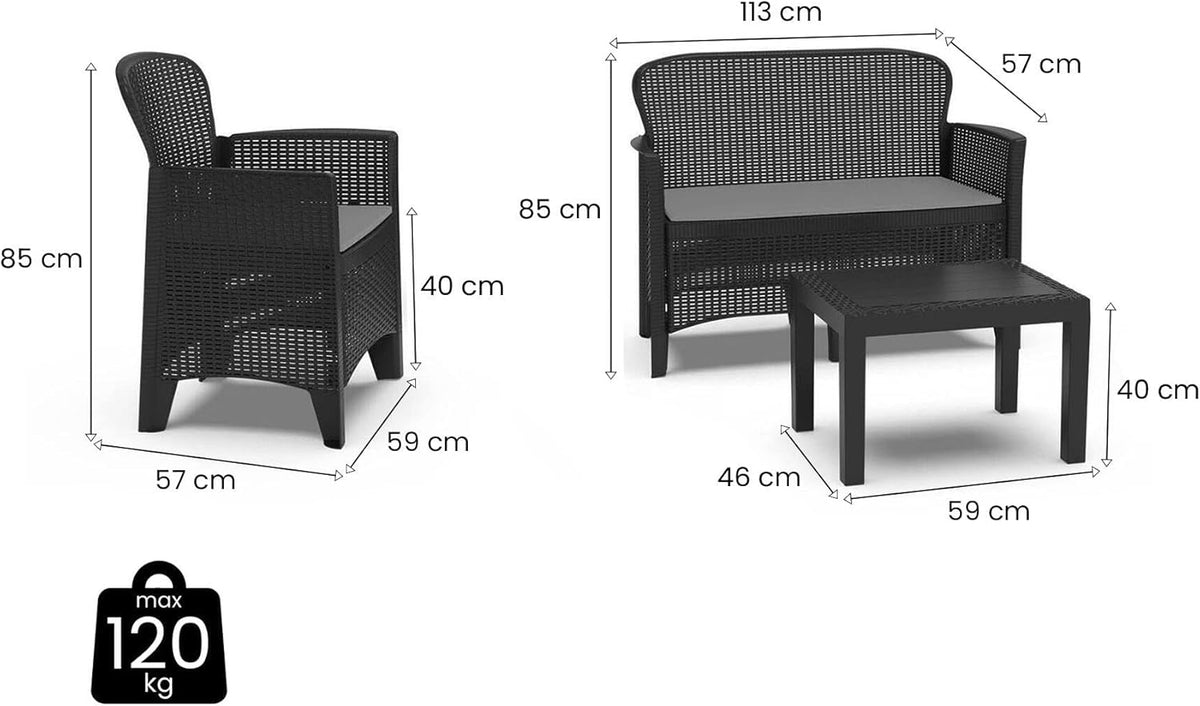 Dmora - Ostuni outdoor lounge set, Garden lounge set consisting of 2 armchairs, 1 sofa and 1 coffee table, rattan effect lounge with cushions, 100% Made in Italy, Anthracite
