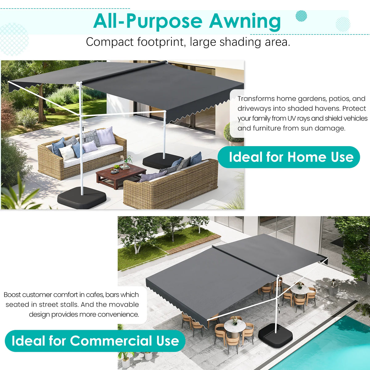 AECOJOY Free Standing Retractable Awning, 13'x10' Dual Side Patio Awnings Outdoor Manual Sun Shade Shelter - Product image 5
