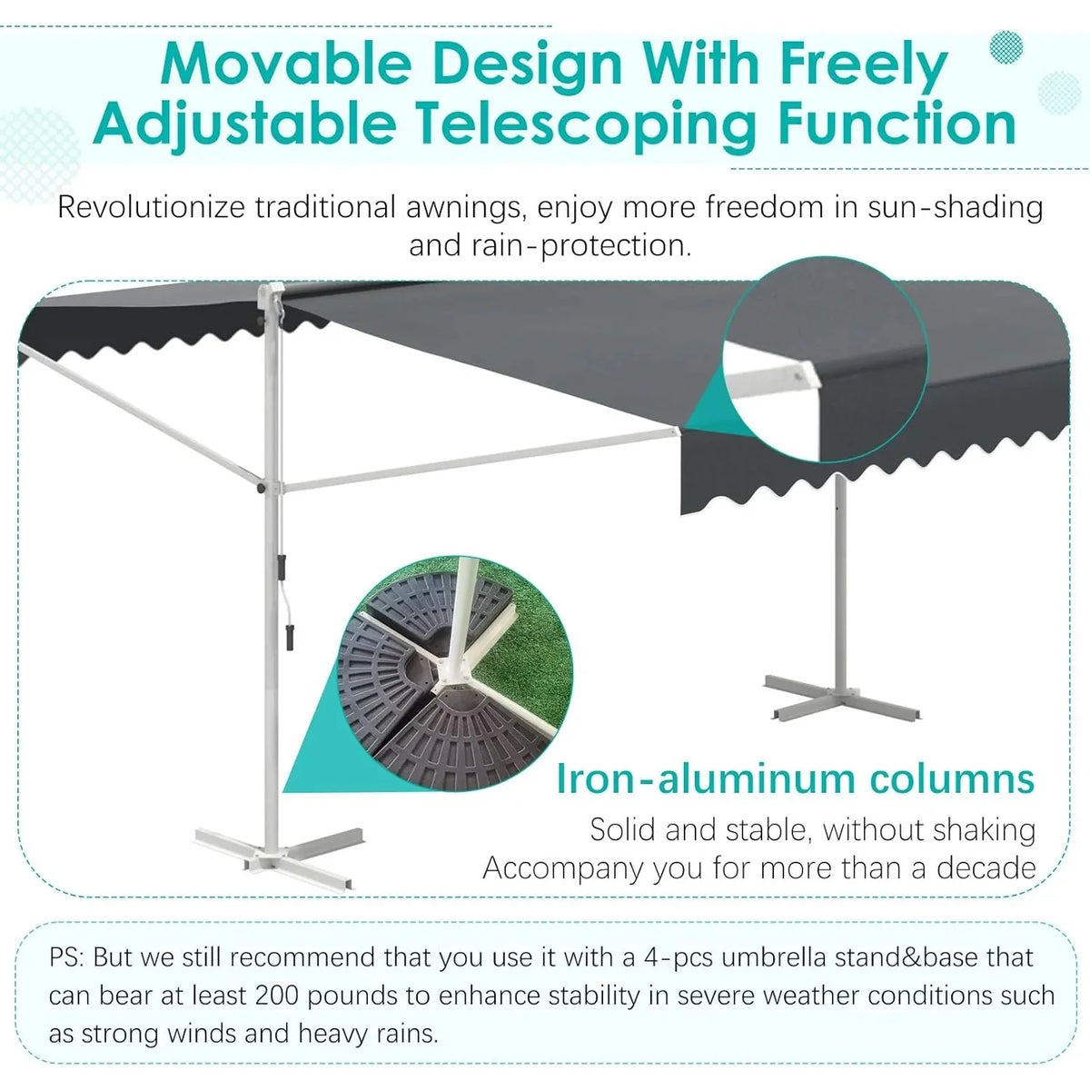 AECOJOY Free Standing Retractable Awning, 13'x10' Dual Side Patio Awnings Outdoor Manual Sun Shade - Product image 15