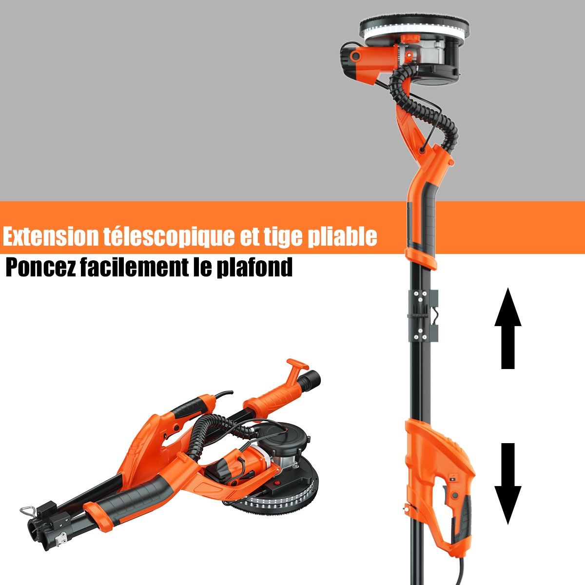 Wall-mounted plaster sander 750W Ø 225mm Aluminum 6 Variable Speeds LED Lights Telescopic Handle 12 Abrasive Discs -