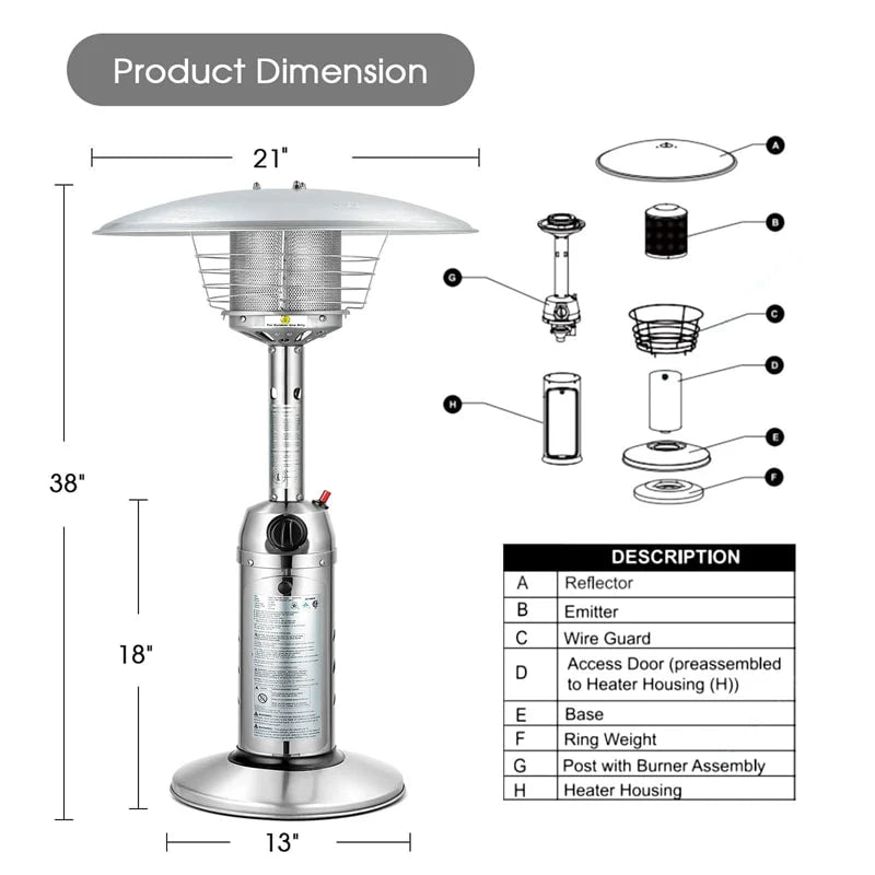 11, 000 BTU Tabletop Propane Patio Heater, Portable Stainless Steel Outdoor Heater with Adjustable Flame & - Product image 4