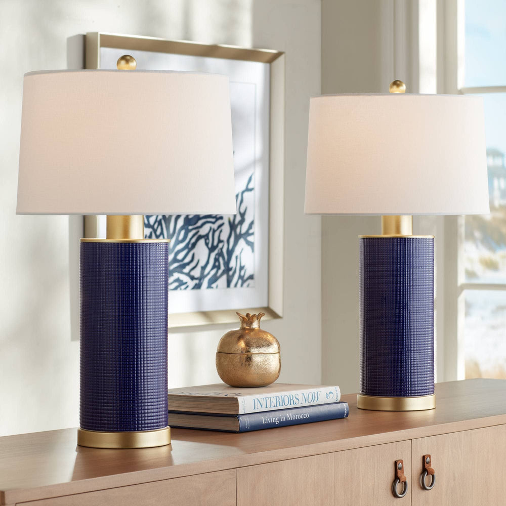 360 Lighting Gilson 24 1/2" High Modern Coastal Glam Table Lamps Set of 2 Gold Textured Blue Finish Ceramic White Shade Living Room Bedroom
