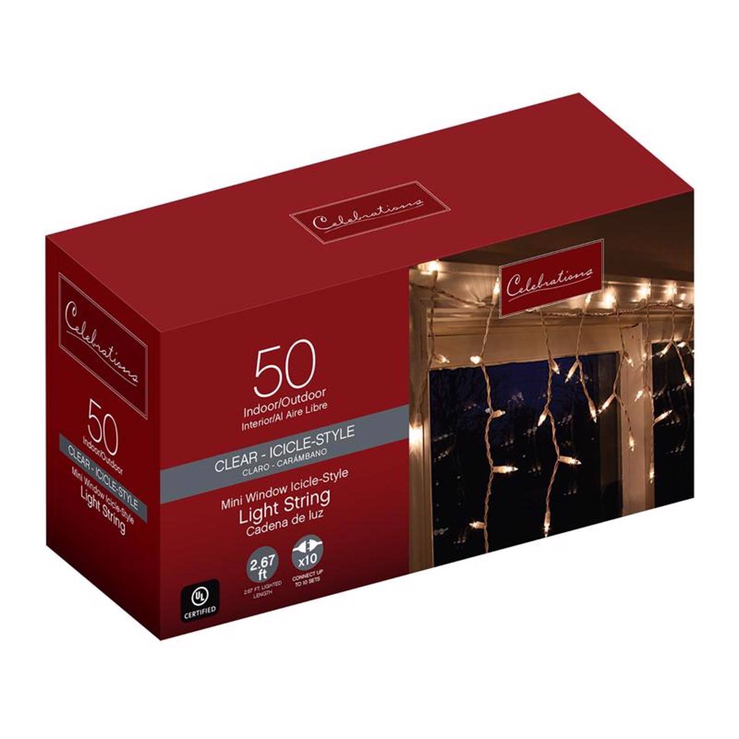 Celebrations Indoor/Outdoor Icicle-Style Window Lights, 50 Bulbs, Clear with White Wire, 3' - Product image 1