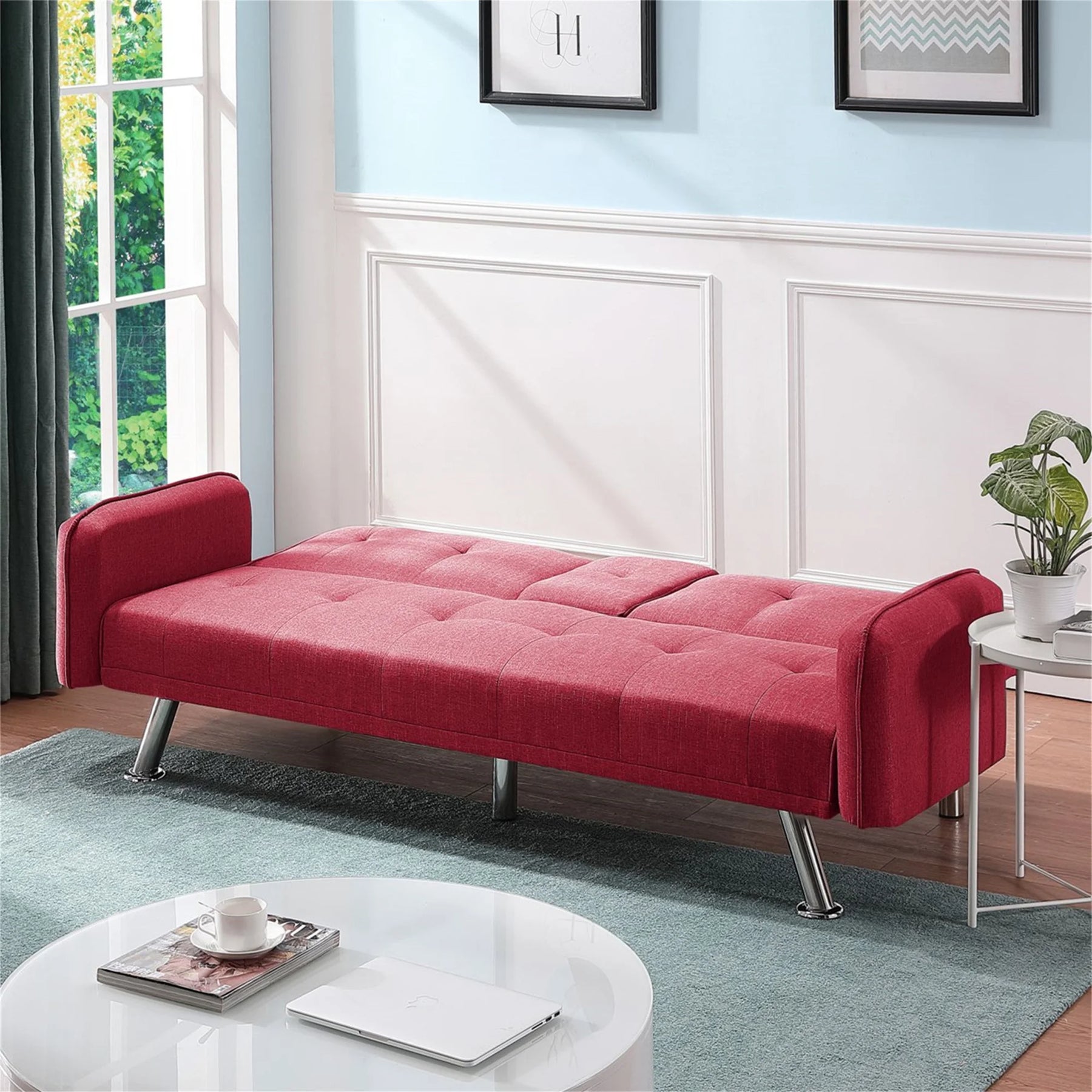 Aukfa 75" Square Arm Futon Convertible Sofa Bed for Home Office, 2 Cup Holders, Linen, Dark Gray - Product image 58