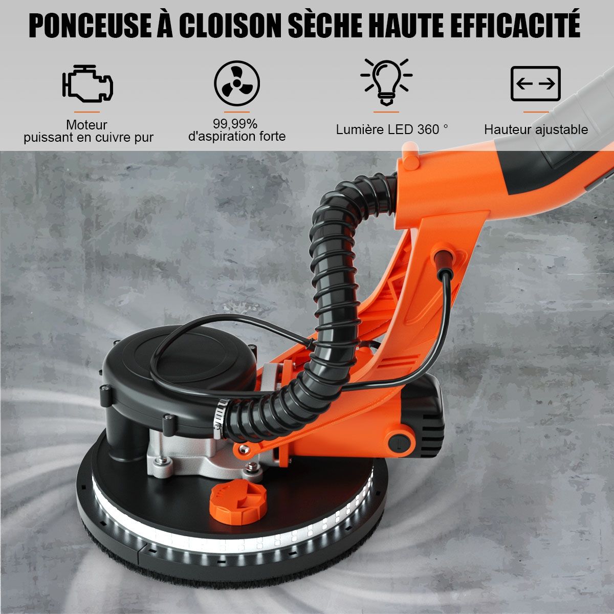 Wall-mounted plaster sander 750W Ø 225mm Aluminum 6 Variable Speeds LED Lights Telescopic Handle 12 Abrasive Discs -