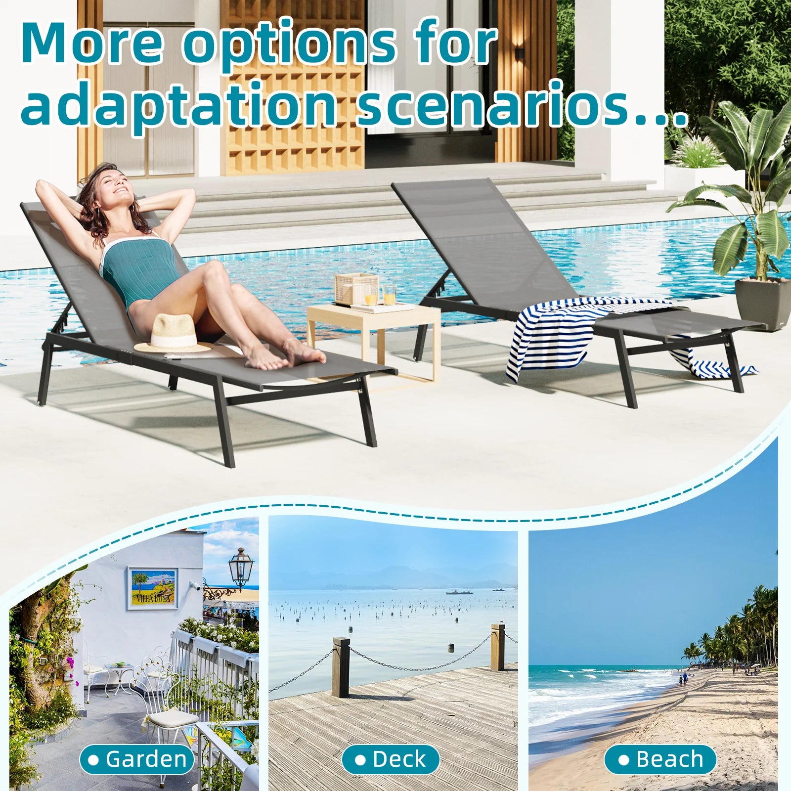 AECOJOY Patio Lounge Chairs, Outdoor Chaise Lounge with Wheels, Beige, 2PCS - Product image 4