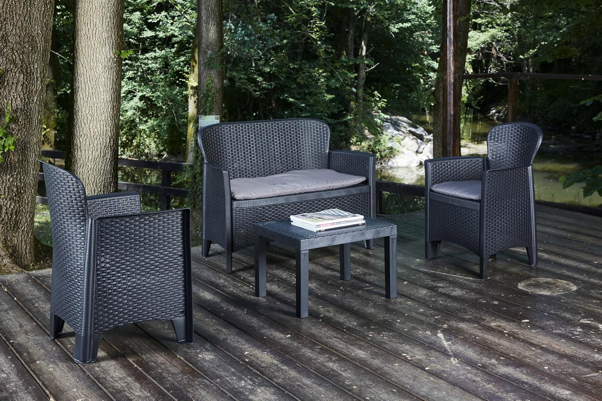 Dmora - Ostuni outdoor lounge set, Garden lounge set consisting of 2 armchairs, 1 sofa and 1 coffee table, rattan effect lounge with cushions, 100% Made in Italy, Anthracite