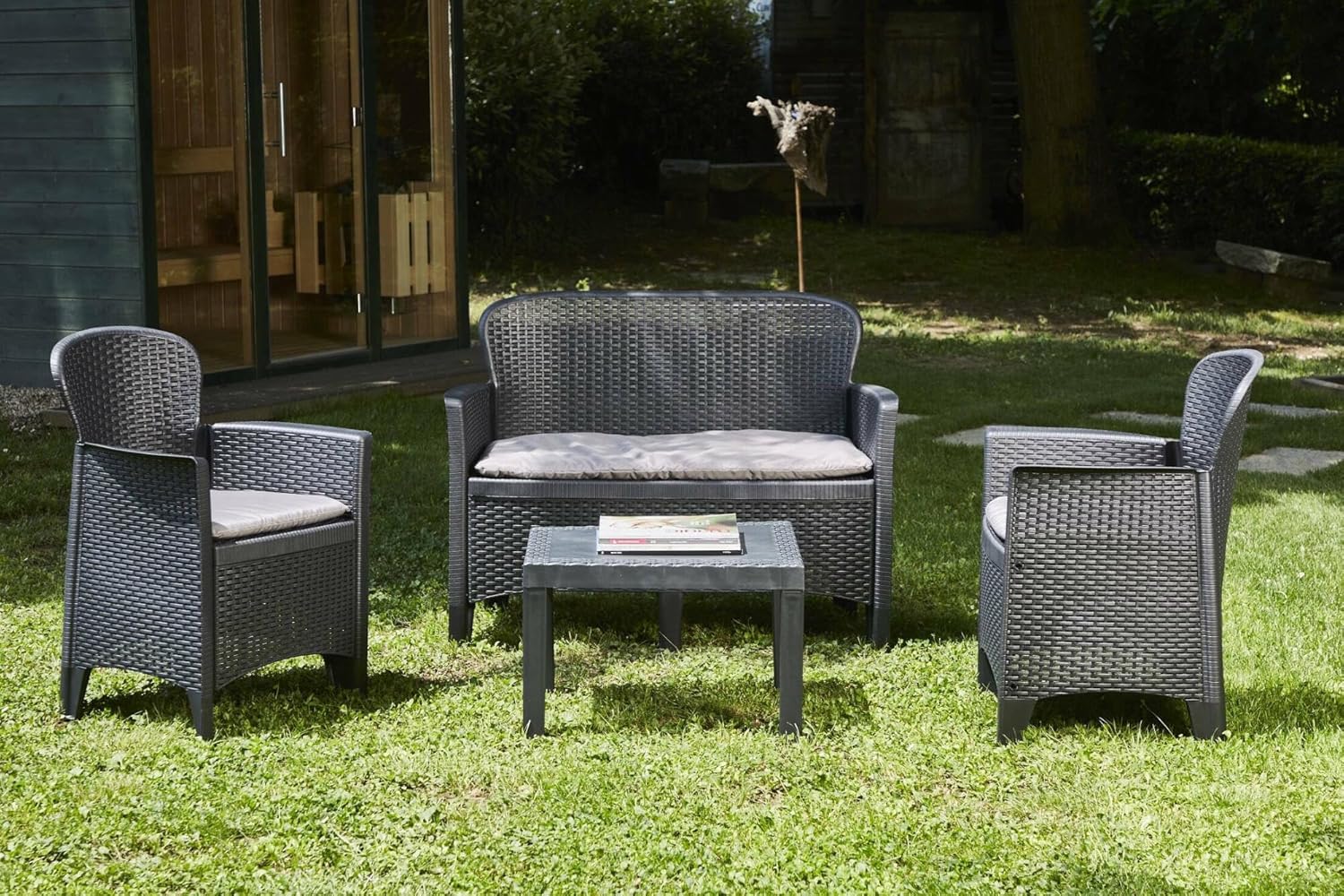 Dmora - Ostuni outdoor lounge set, Garden lounge set consisting of 2 armchairs, 1 sofa and 1 coffee table, rattan effect lounge with cushions, 100% Made in Italy, Anthracite