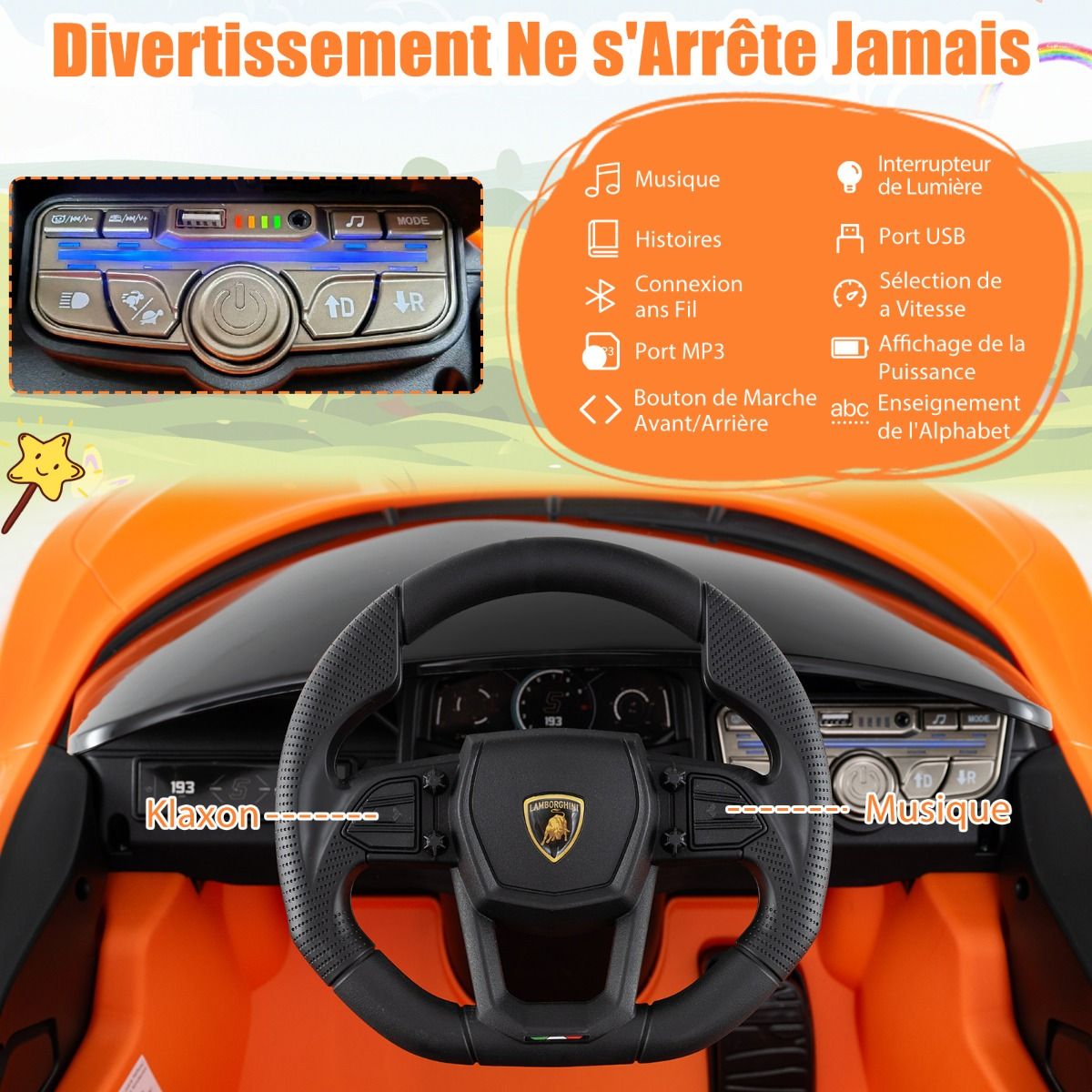 12V Electric Car for Children Licensed by Revuelto Remote Control Hydraulic Doors for 37-95 Months Grey/Orange -