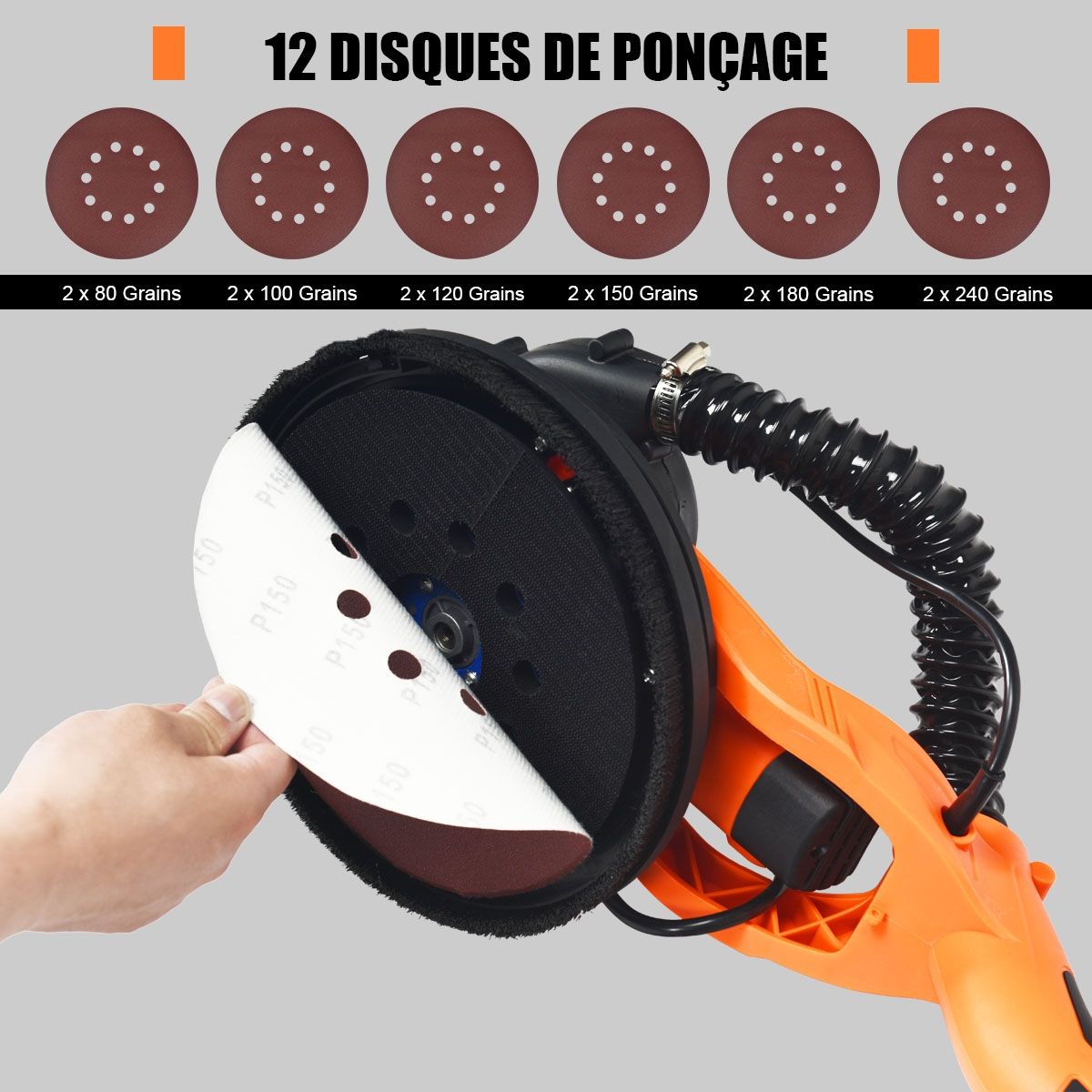 Wall-mounted plaster sander 750W Ø 225mm Aluminum 6 Variable Speeds LED Lights Telescopic Handle 12 Abrasive Discs -