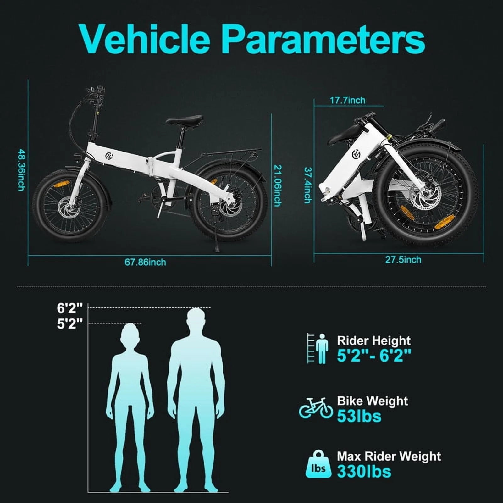 750W Peak Electric Bike for Adults, 500W Motor, 20"x2.5" Fat Tire Folding Ebike - Product image 6