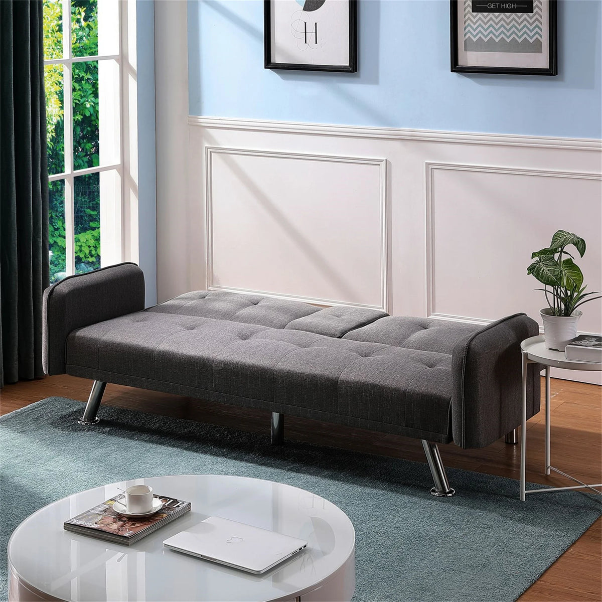 Aukfa 75" Square Arm Futon Convertible Sofa Bed for Home Office, 2 Cup Holders, Linen, Dark Gray - Product image 4