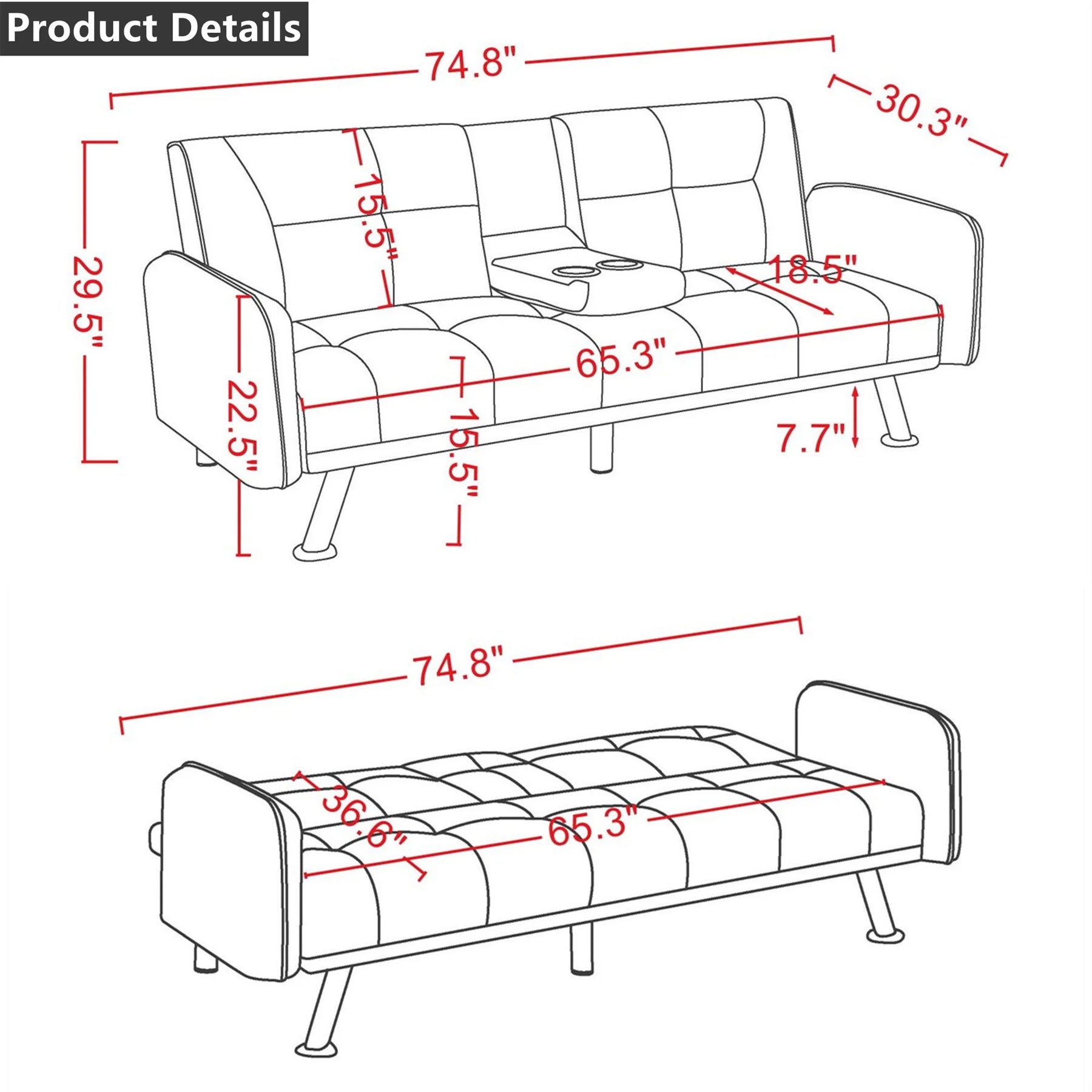 Aukfa 75" Square Arm Futon Convertible Sofa Bed for Home Office, 2 Cup Holders, Linen, Dark Gray - Product image 6