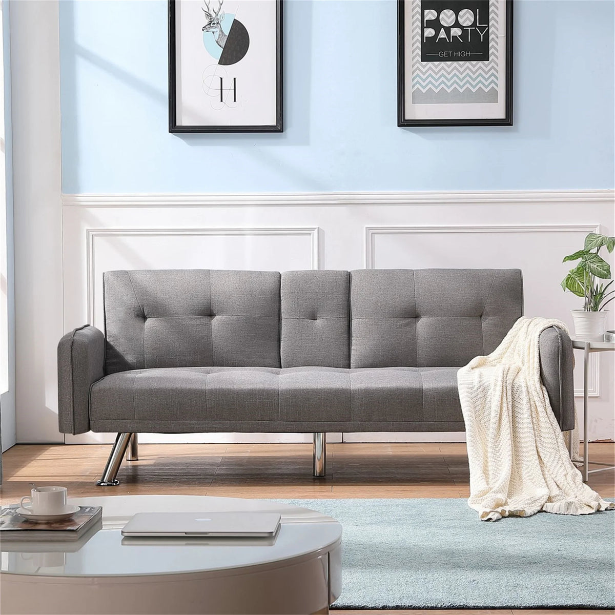 Aukfa 75" Square Arm Futon Convertible Sofa Bed for Home Office, 2 Cup Holders, Linen, Dark Gray - Product image 79