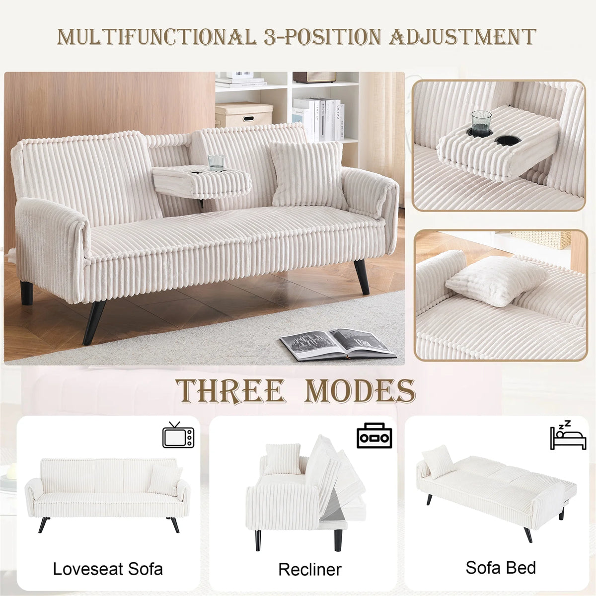 Aukfa 75" Square Arm Futon Convertible Sofa Bed for Home Office, 2 Cup Holders, Linen, Dark Gray - Product image 64
