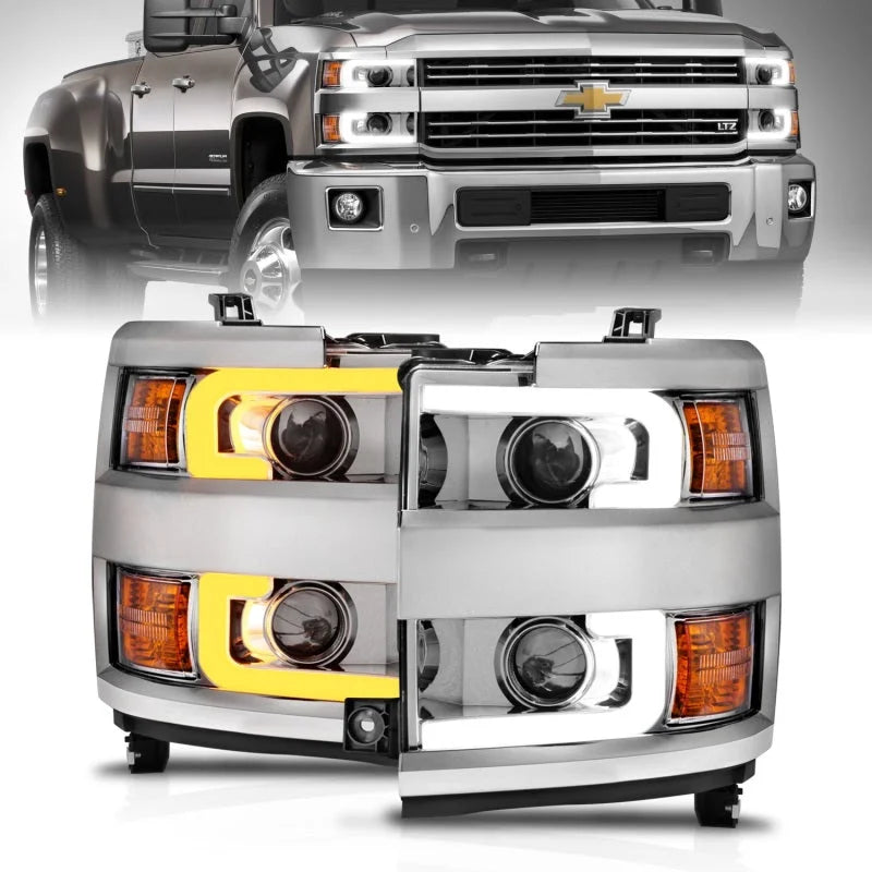 ANZO Projector Headlights 15-17 Chevrolet Silverado 2500HD / 3500HD Chrome w/ Chrome Rim