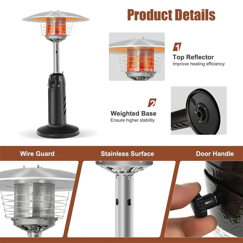 13, 000 BTU Portable Tabletop Propane Patio Heater, Stainless Steel LP Gas Heater with Weighted Base & - Product image 9