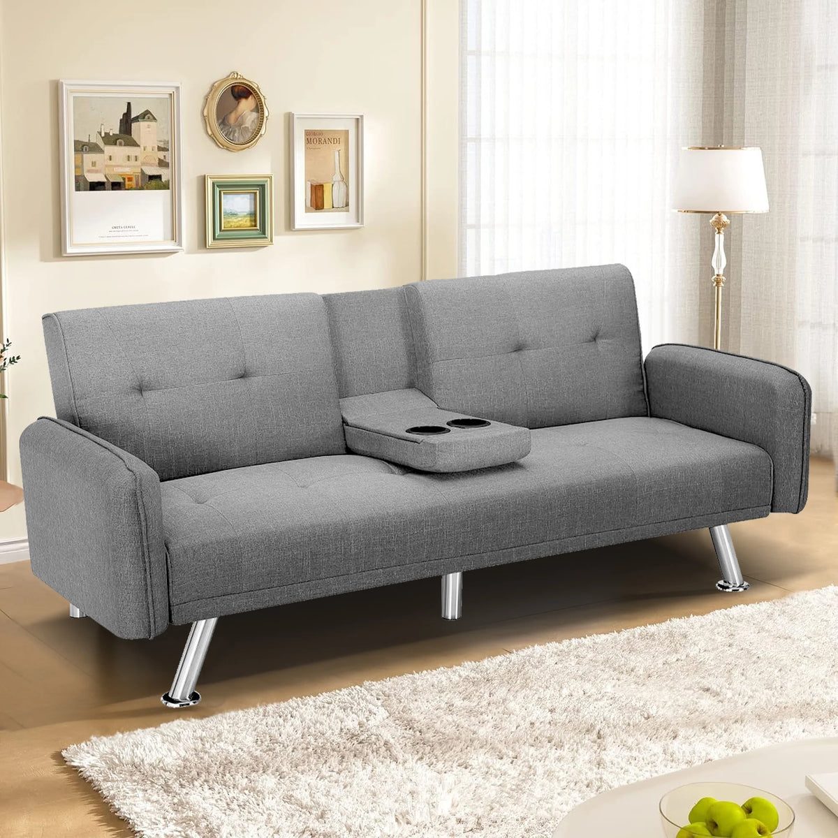 Aukfa 75" Square Arm Futon Convertible Sofa Bed for Home Office, 2 Cup Holders, Linen, Dark Gray - Product image 81