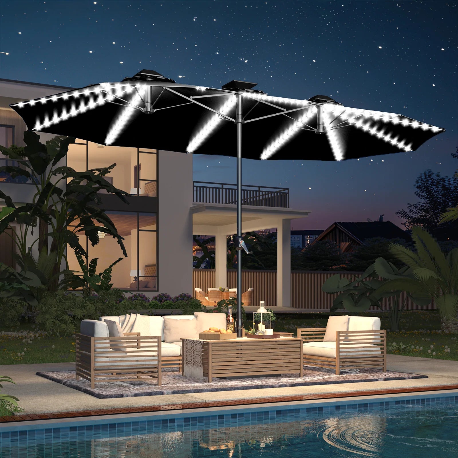 AECOJOY 15ft Patio Double-Sided Umbrella, 156 PCS Solar LED Light Outdoor Large Umbrella, Black - Product image 8