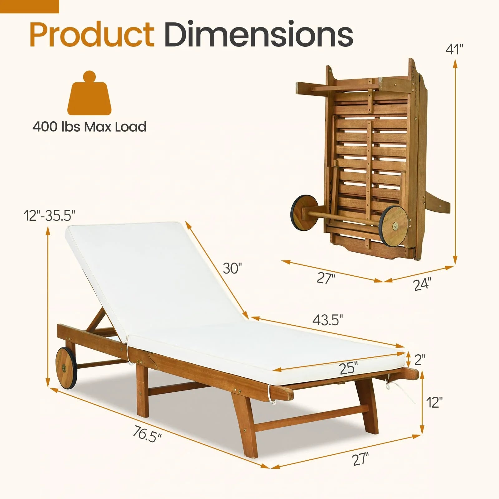 Tangkula Folding Lounge Chairs Outdoor Set of 1/2 Patio Eucalyptus Wood Chaise Lounge - Product image 3