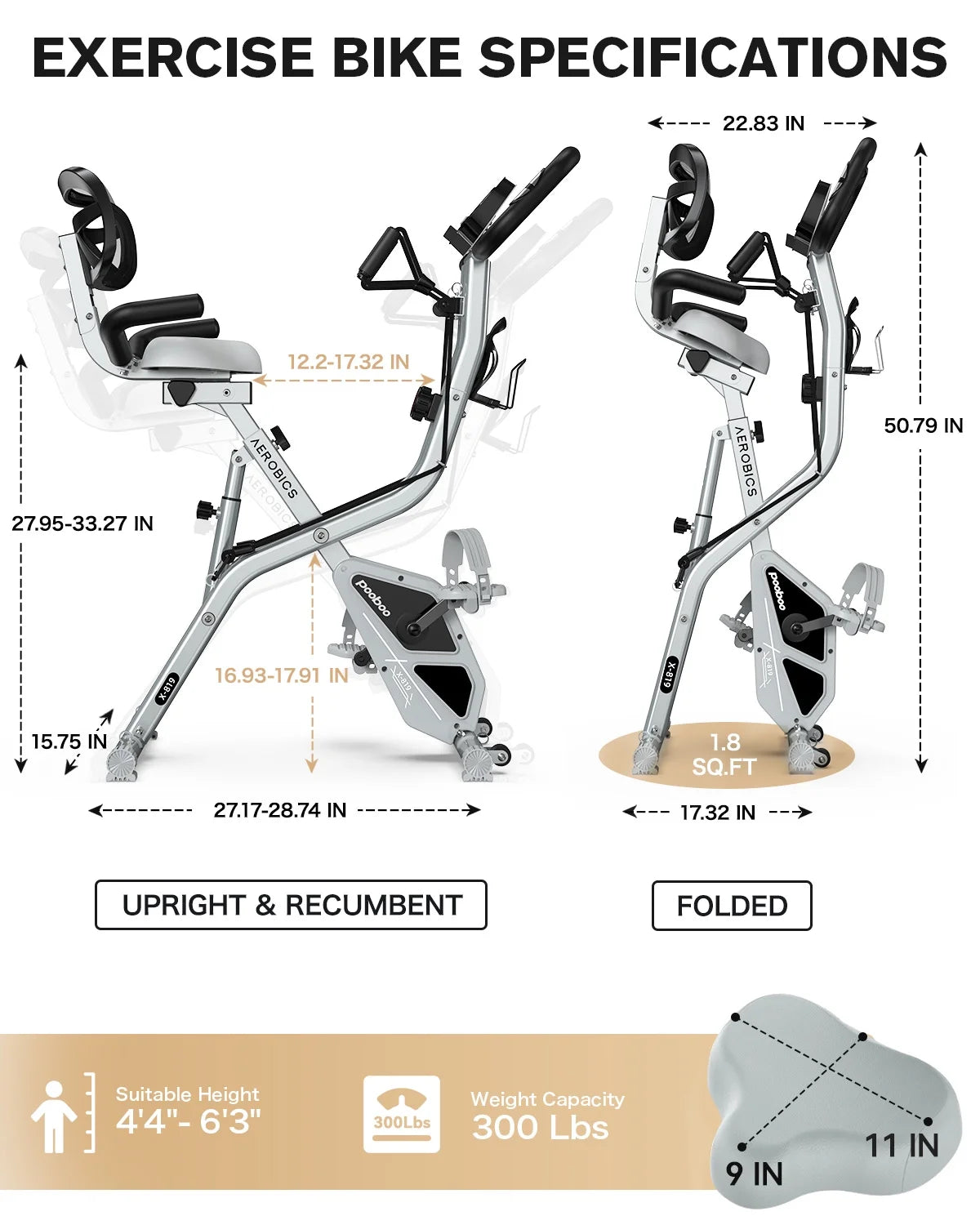 Pooboo 4in1 Folding Exercise Bike Indoor Cycling Bike Stationary Magnetic X Bike Gym Workout 300 lb Easy - Product image 20