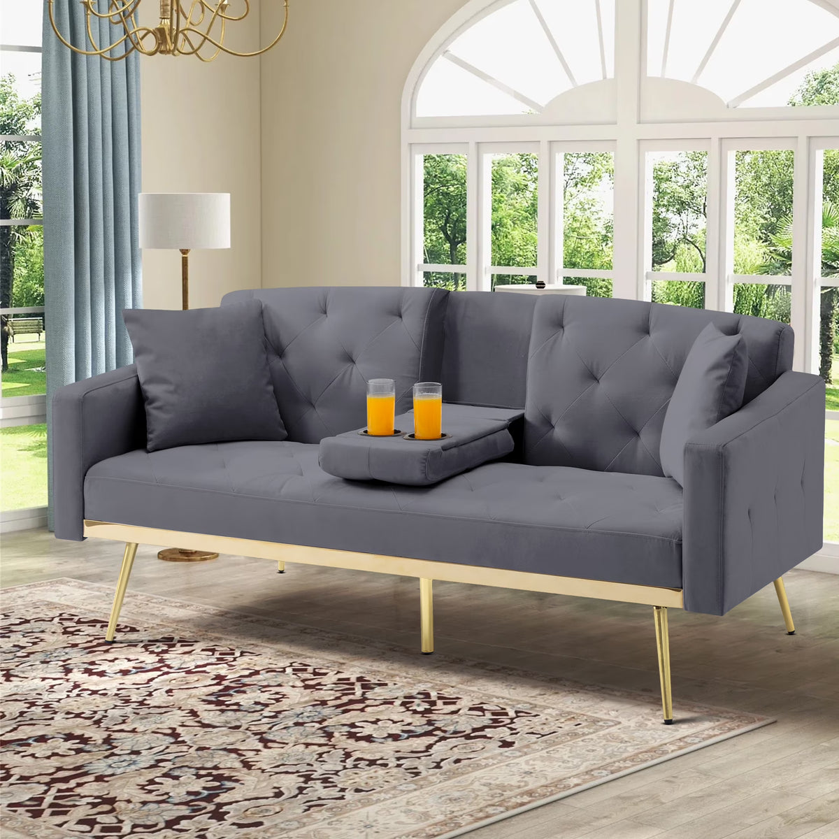 Aukfa 75" Square Arm Futon Convertible Sofa Bed for Home Office, 2 Cup Holders, Linen, Dark Gray - Product image 7